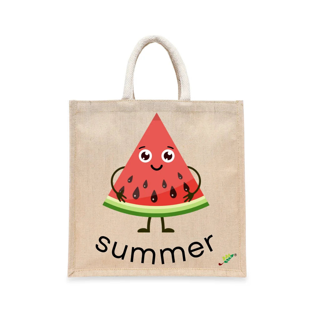 BYFT Happy Watermelon Slice Tote Bag – “Summer” Kawaii Fruit Character Reusable Tote | Eco-Friendly Daily Carry Bag (Set of 1)
