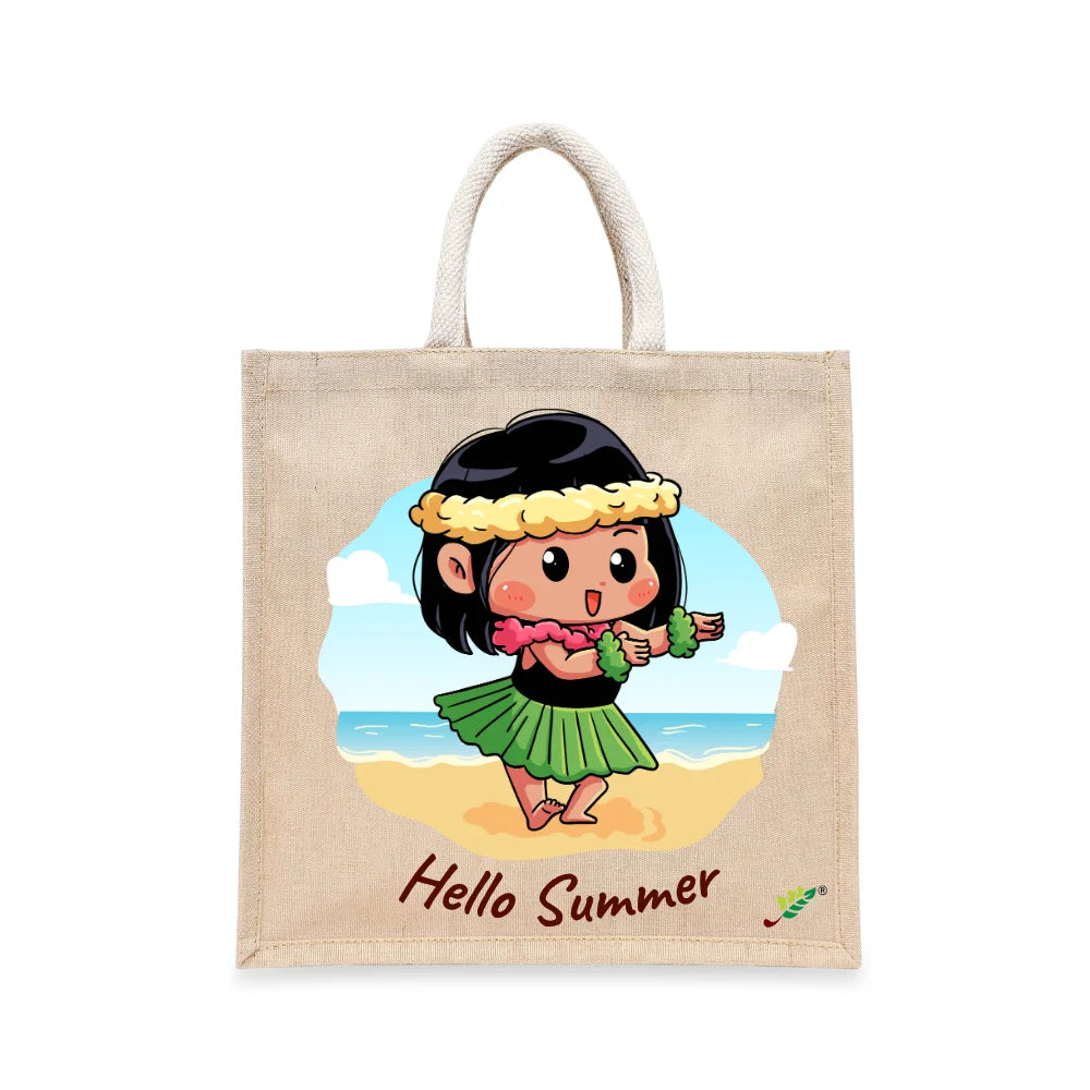 BYFT Little Island Dancer Tote Bag – “Hello Summer” Hula Girl Printed Reusable Tote | Eco-Friendly Daily Carry Bag (Set of 1)