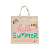 BYFT Tropical Beach Tote Bag – “Hello Summer” Script with Watermelon & Sunglasses Reusable Tote | Eco-Friendly Daily Carry Bag (Set of 1)