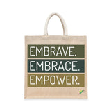 BYFT Inspirational Typography Tote Bag – “Embrave. Embrace. Empower.” Printed Reusable Tote | Eco-Friendly Daily Carry Bag (Set of 1)