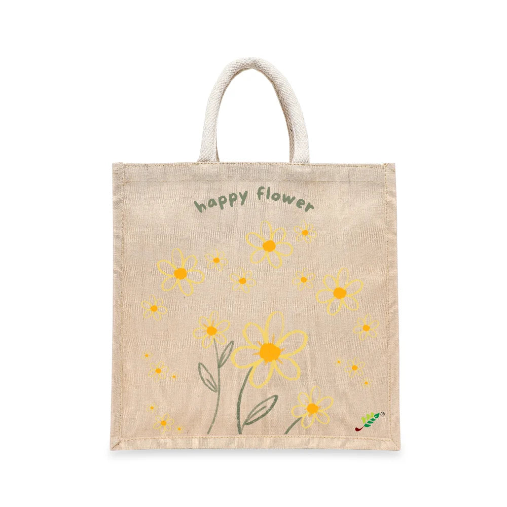 BYFT Whimsical Floral Tote Bag – “Happy Flower” Daisy Reusable Tote | Eco-Friendly Daily Carry Bag (Set of 1)