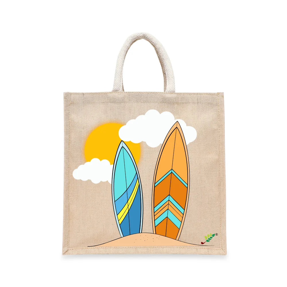 BYFT Tropical Surfboards Tote Bag – Retro Beach Vibes Printed Reusable Tote | Eco-Friendly Daily Carry Bag (Set of 1)