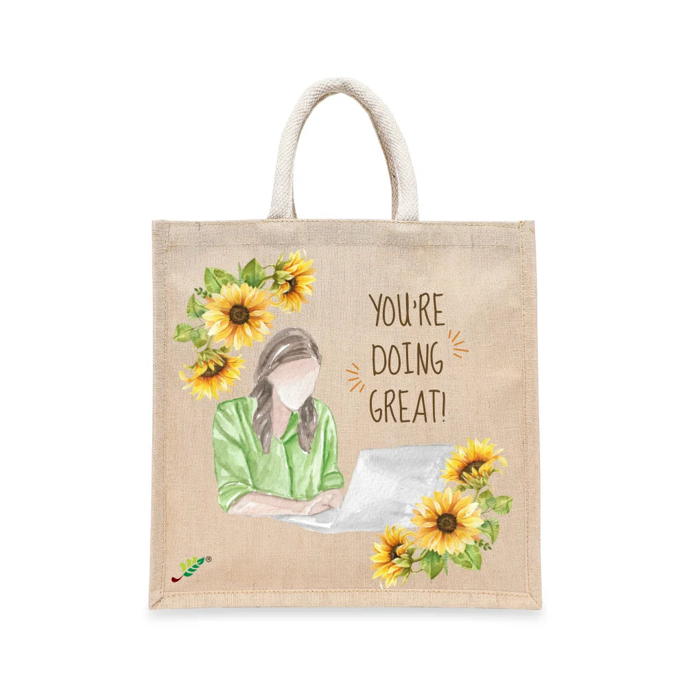 BYFT Inspirational "You're Doing Great" Tote Bag – Sunflower Printed Reusable Tote | Eco-Friendly Daily Carry Bag (Set of 1)