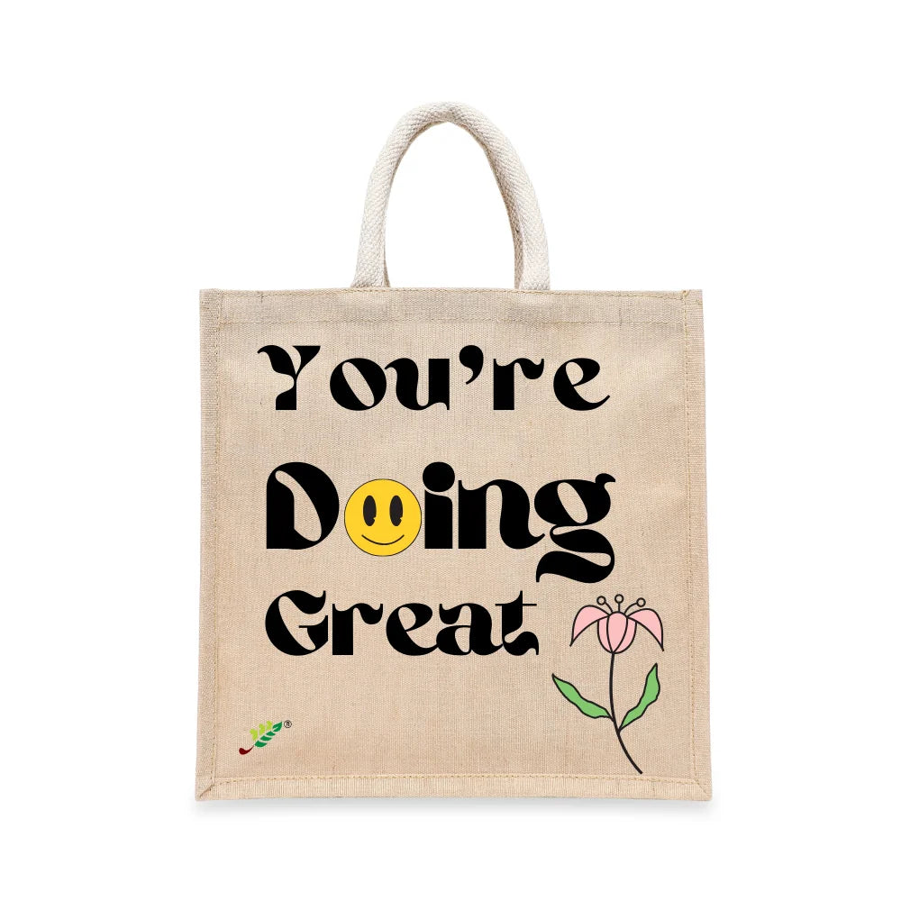 BYFT Retro "You're Doing Great" Tote Bag – Groovy Smiley Face & Floral Printed Reusable Tote | Eco-Friendly Daily Carry Bag (Set of 1)