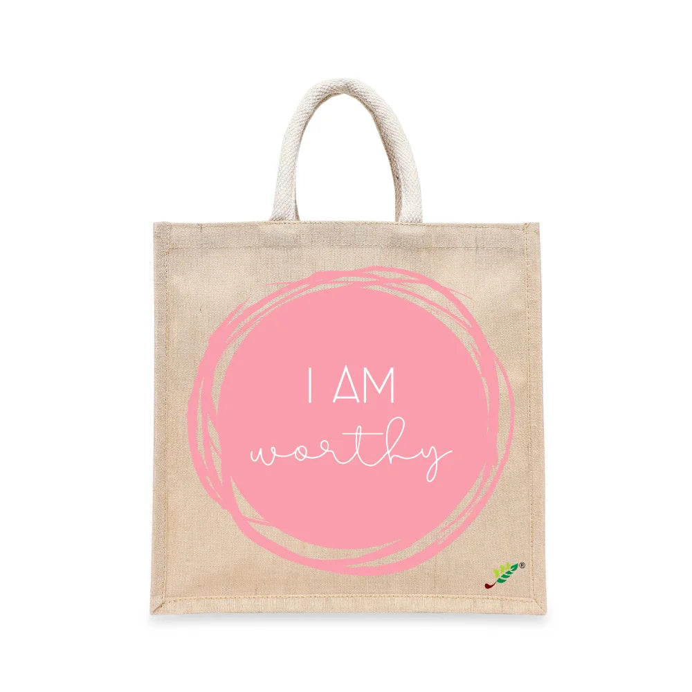 BYFT Affirmation Tote Bag – “I Am Worthy” Pink Artistic Circle Printed Reusable Tote | Eco-Friendly Daily Carry Bag (Set of 1)