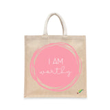 BYFT Affirmation Tote Bag – “I Am Worthy” Pink Artistic Circle Printed Reusable Tote | Eco-Friendly Daily Carry Bag (Set of 1)