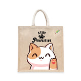 BYFT Happy Cat Tote Bag – “Stay Pawsitive” Waving Kitten Printed Reusable Tote | Eco-Friendly Daily Carry Bag (Set of 1)
