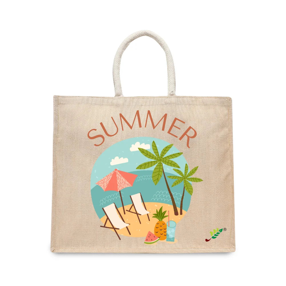 BYFT Tropical Beach Tote Bag – “SUMMER” Vacation Scene Printed Reusable Tote | Eco-Friendly Daily Carry Bag (Set of 1)