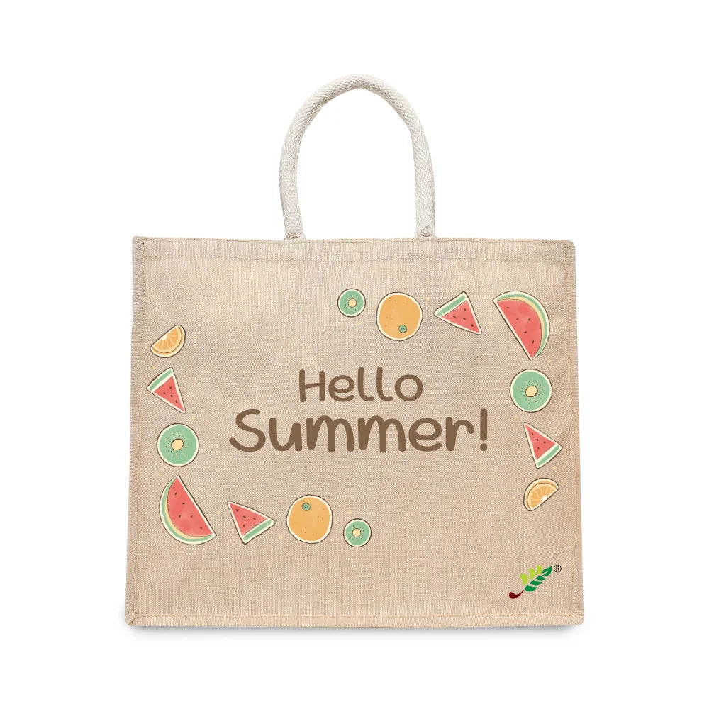 BYFT Summer Fruit Tote Bag – “Hello Summer!” Refreshing Watermelon & Kiwi Printed Reusable Tote | Eco-Friendly Daily Carry Bag (Set of 1)