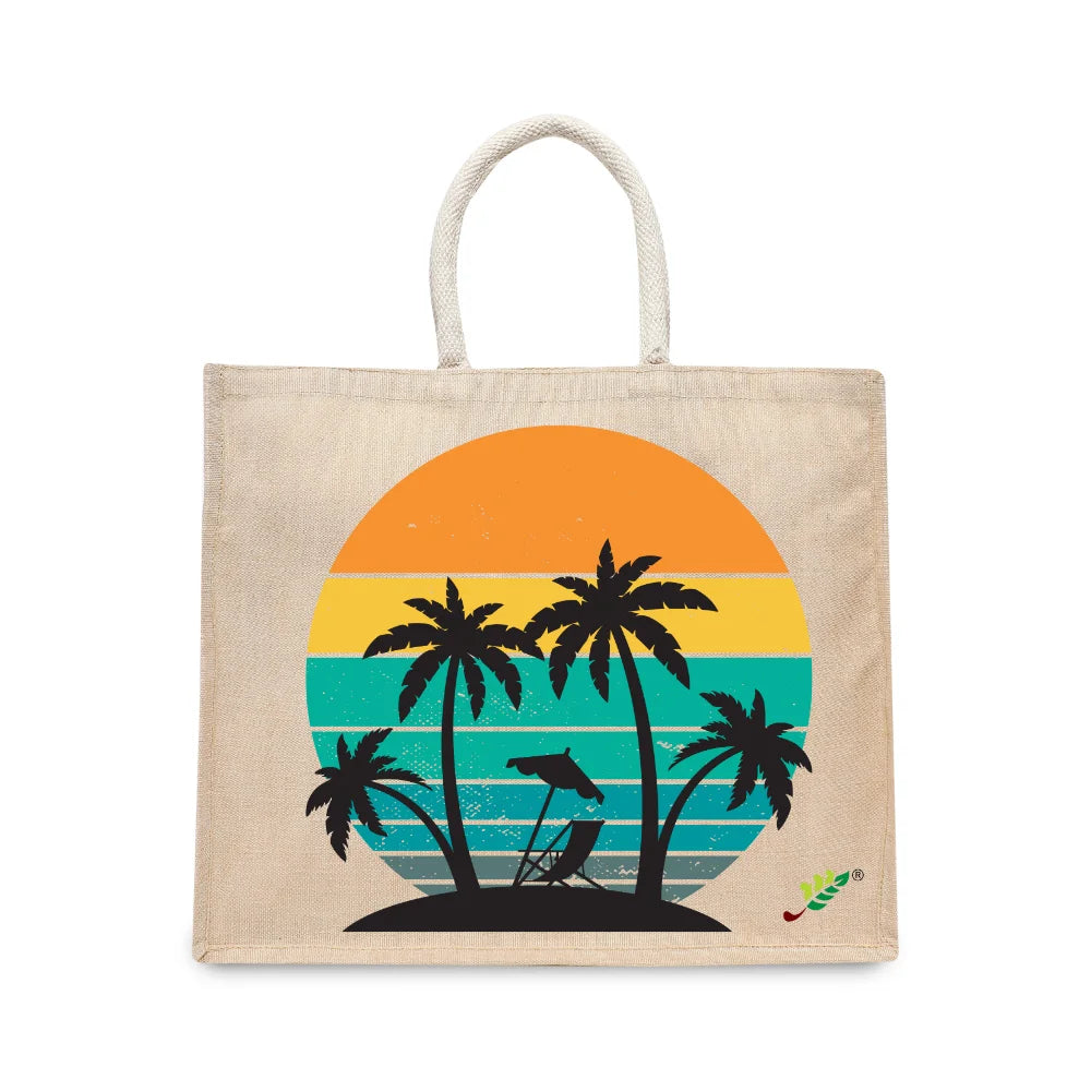 BYFT Retro Sunset & Palms Tote Bag – Vintage Tropical Beach Printed Reusable Tote | Eco-Friendly Daily Carry Bag (Set of 1)