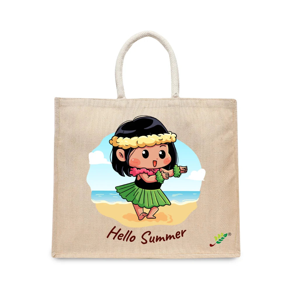 BYFT Little Island Dancer Tote Bag – “Hello Summer” Hula Girl Printed Reusable Tote | Eco-Friendly Daily Carry Bag (Set of 1)
