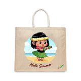 BYFT Little Island Dancer Tote Bag – “Hello Summer” Hula Girl Printed Reusable Tote | Eco-Friendly Daily Carry Bag (Set of 1)