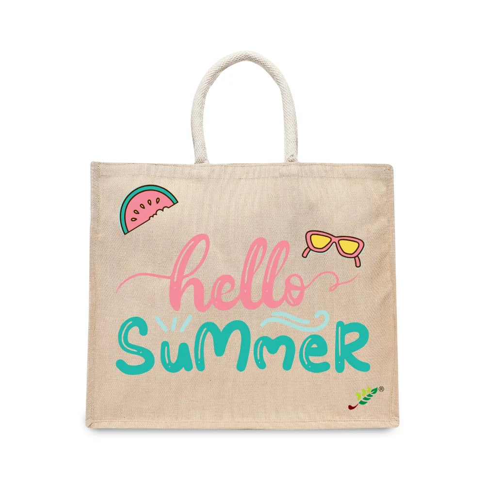 BYFT Tropical Beach Tote Bag – “Hello Summer” Script with Watermelon & Sunglasses Reusable Tote | Eco-Friendly Daily Carry Bag (Set of 1)