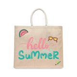 BYFT Tropical Beach Tote Bag – “Hello Summer” Script with Watermelon & Sunglasses Reusable Tote | Eco-Friendly Daily Carry Bag (Set of 1)