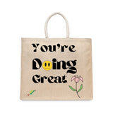 BYFT Retro "You're Doing Great" Tote Bag – Groovy Smiley Face & Floral Printed Reusable Tote | Eco-Friendly Daily Carry Bag (Set of 1)