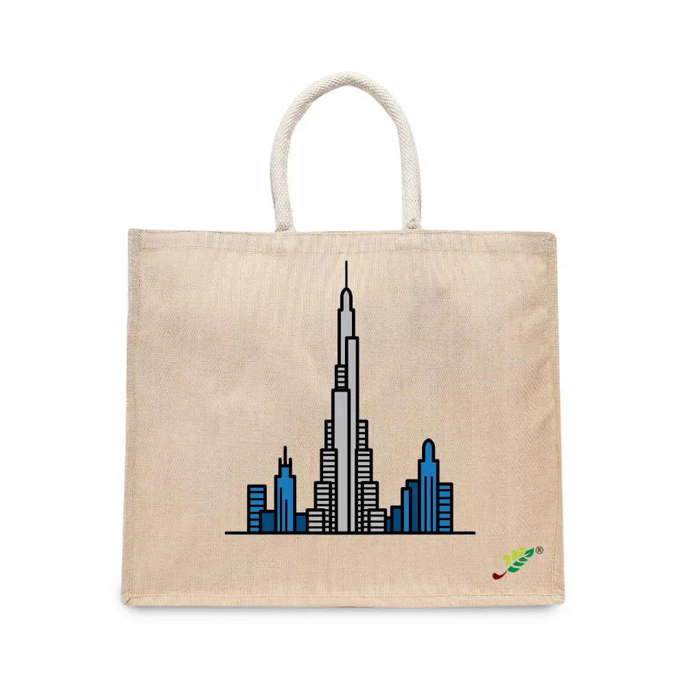 BYFT Modern Cityscape Tote Bag – Dubai Rise Skyline Printed Reusable Tote | Eco-Friendly Daily Carry Bag (Set of 1)