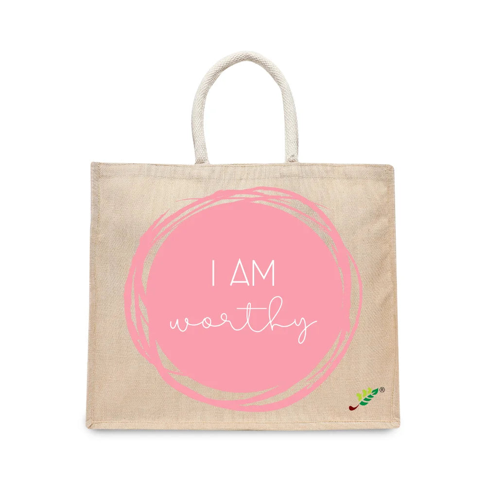 BYFT Affirmation Tote Bag – “I Am Worthy” Pink Artistic Circle Printed Reusable Tote | Eco-Friendly Daily Carry Bag (Set of 1)