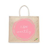BYFT Affirmation Tote Bag – “I Am Worthy” Pink Artistic Circle Printed Reusable Tote | Eco-Friendly Daily Carry Bag (Set of 1)