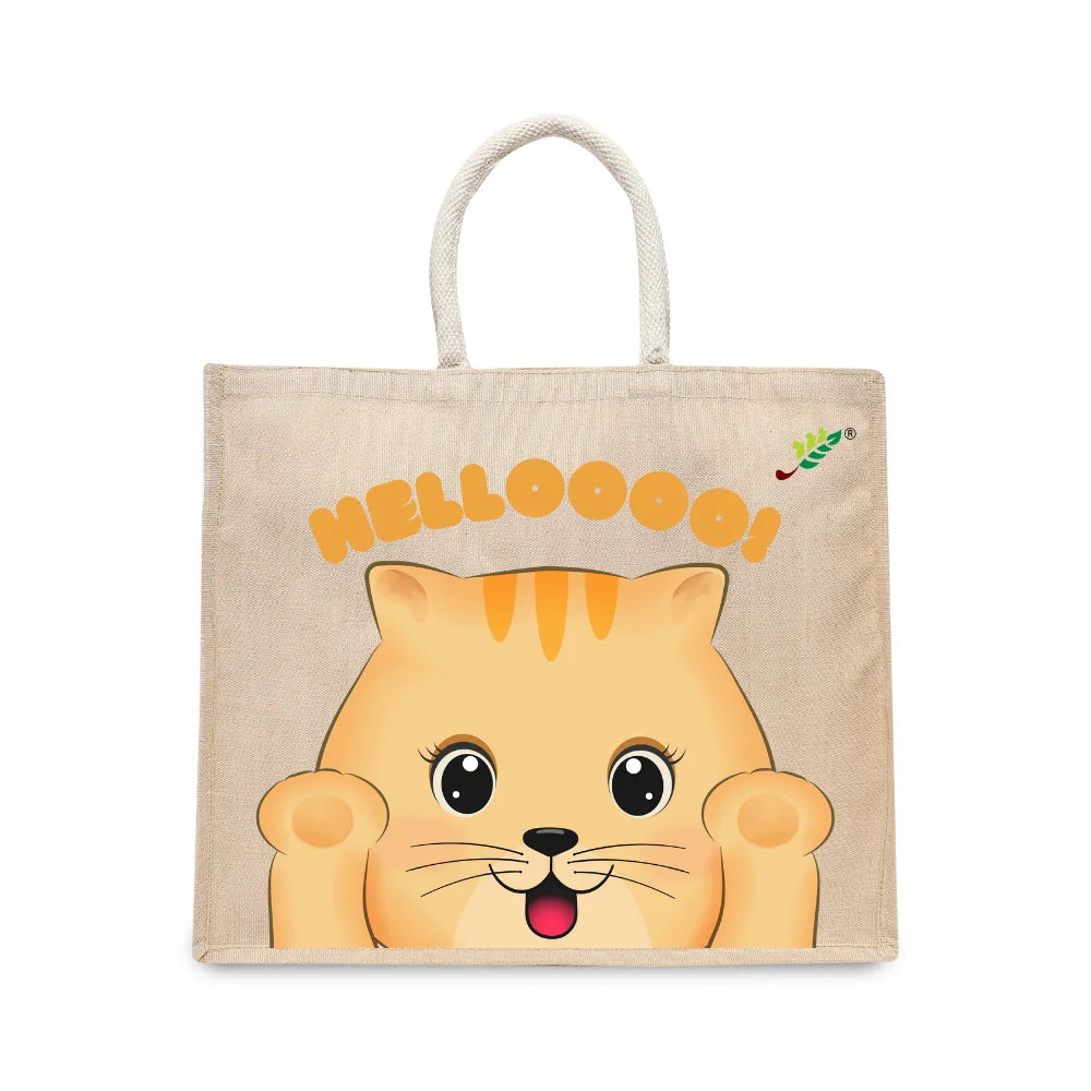 BYFT Friendly Cat Tote Bag – “HELLOOOO!” Ginger Kitten Printed Reusable Tote | Eco-Friendly Daily Carry Bag (Set of 1)