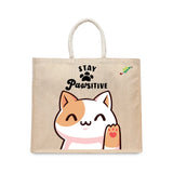 BYFT Happy Cat Tote Bag – “Stay Pawsitive” Waving Kitten Printed Reusable Tote | Eco-Friendly Daily Carry Bag (Set of 1)