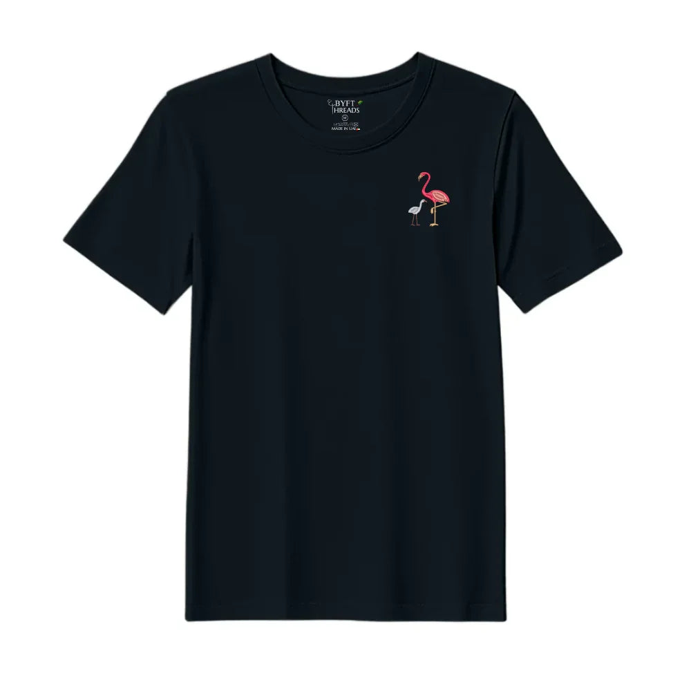 BYFT Threads Embroidered For You T-Shirt - Flamingo with Baby Flamingo Design