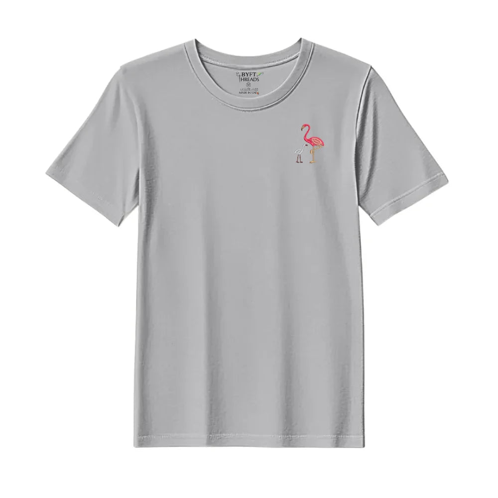 BYFT Threads Embroidered For You T-Shirt - Flamingo with Baby Flamingo Design