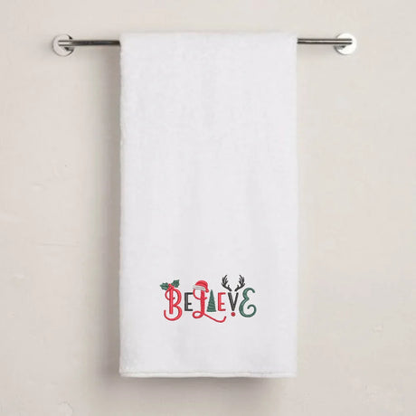 BYFT Embroidered For You Personalised Cotton Towel - Christmas - Believe Christmas Ornaments Design High Quality Embroidery Perfect For Gifting