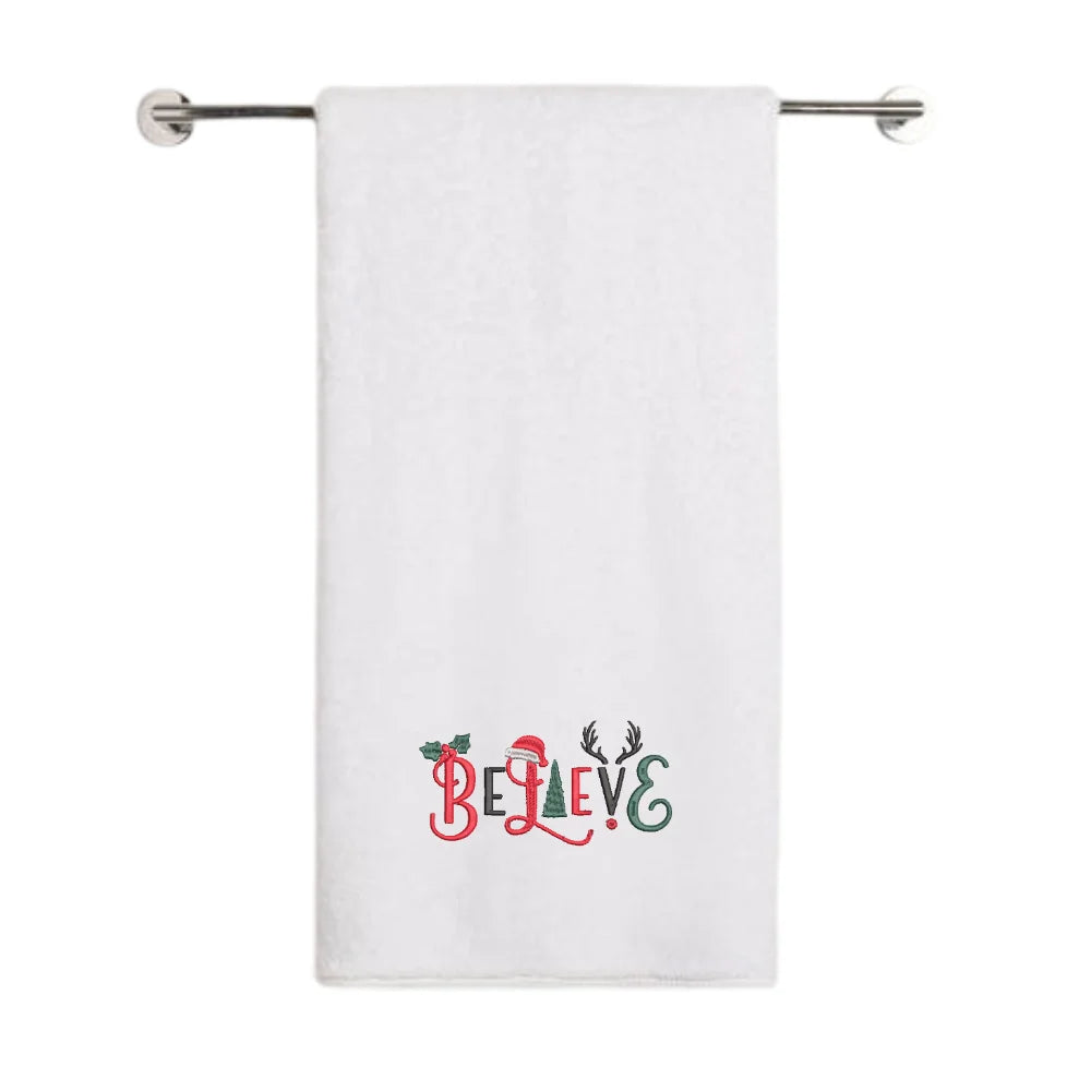 BYFT Embroidered For You Personalised Cotton Towel - Christmas - Believe Christmas Ornaments Design High Quality Embroidery Perfect For Gifting