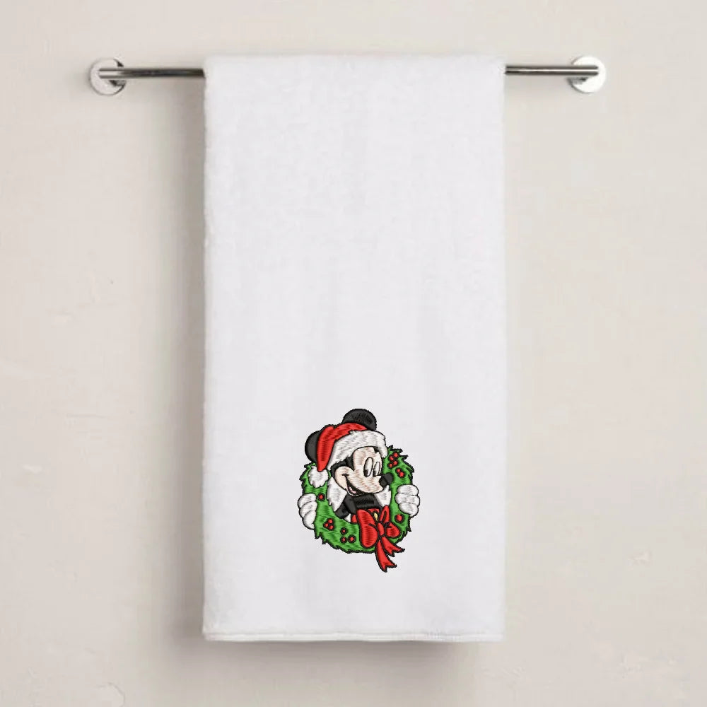 BYFT Embroidered For You Personalised Cotton Towel - Christmas - Mouse in Wreath Design High Quality Embroidery Perfect For Gifting
