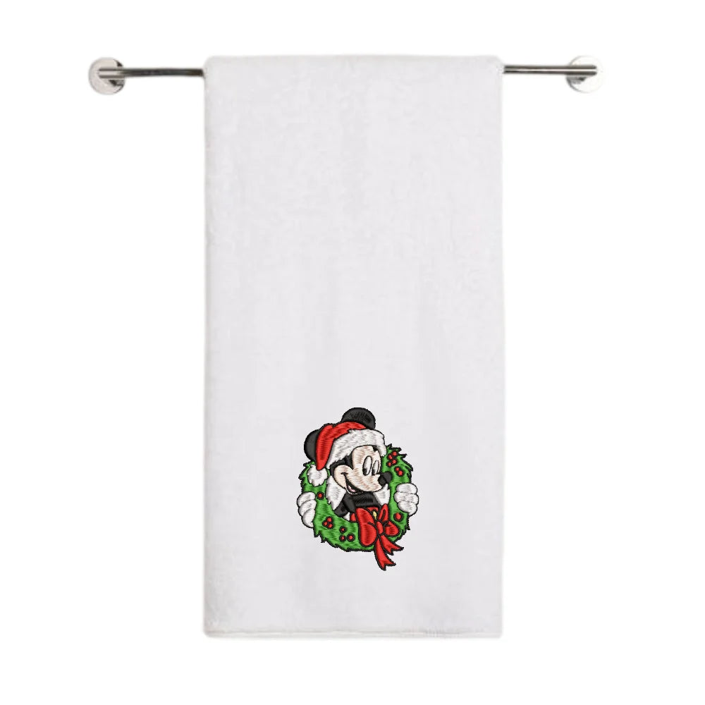 BYFT Embroidered For You Personalised Cotton Towel - Christmas - Mouse in Wreath Design High Quality Embroidery Perfect For Gifting