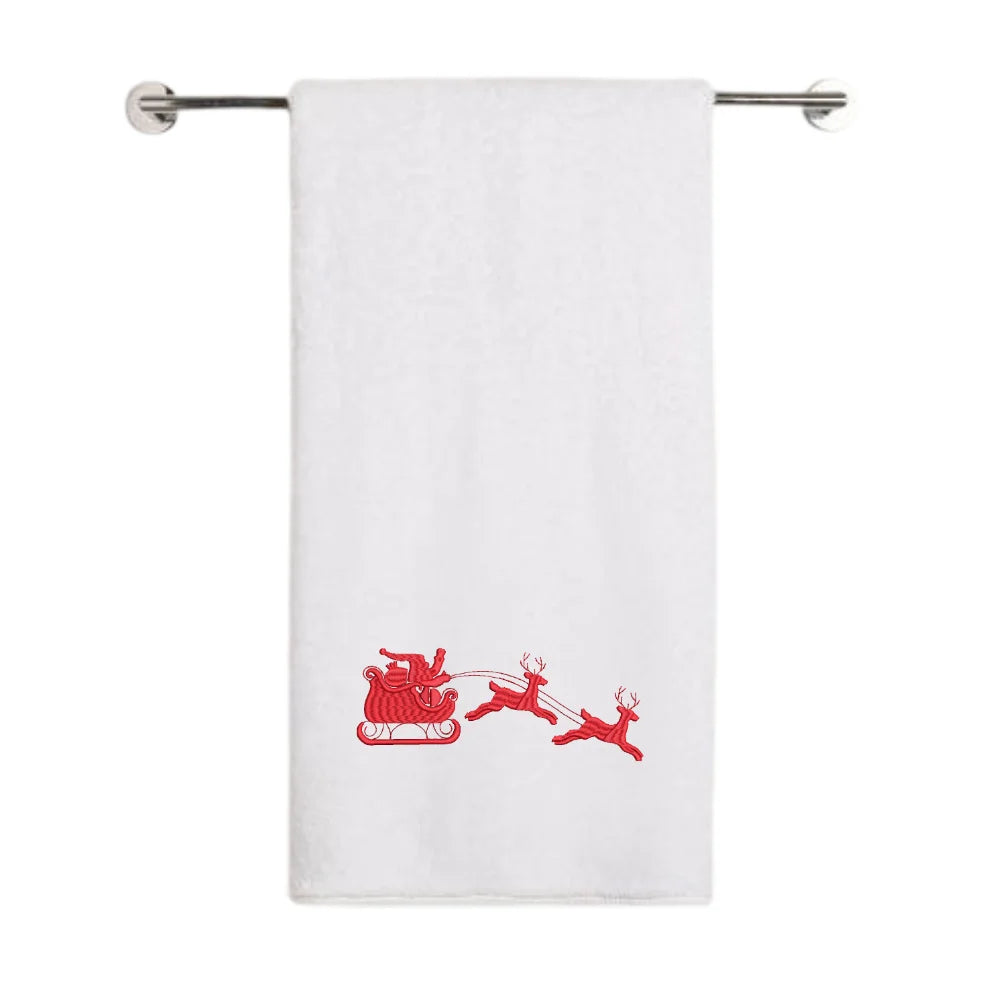 BYFT Embroidered For You Personalised Cotton Towel - Christmas - Sleigh with Reindeer Design High Quality Embroidery Perfect For Gifting