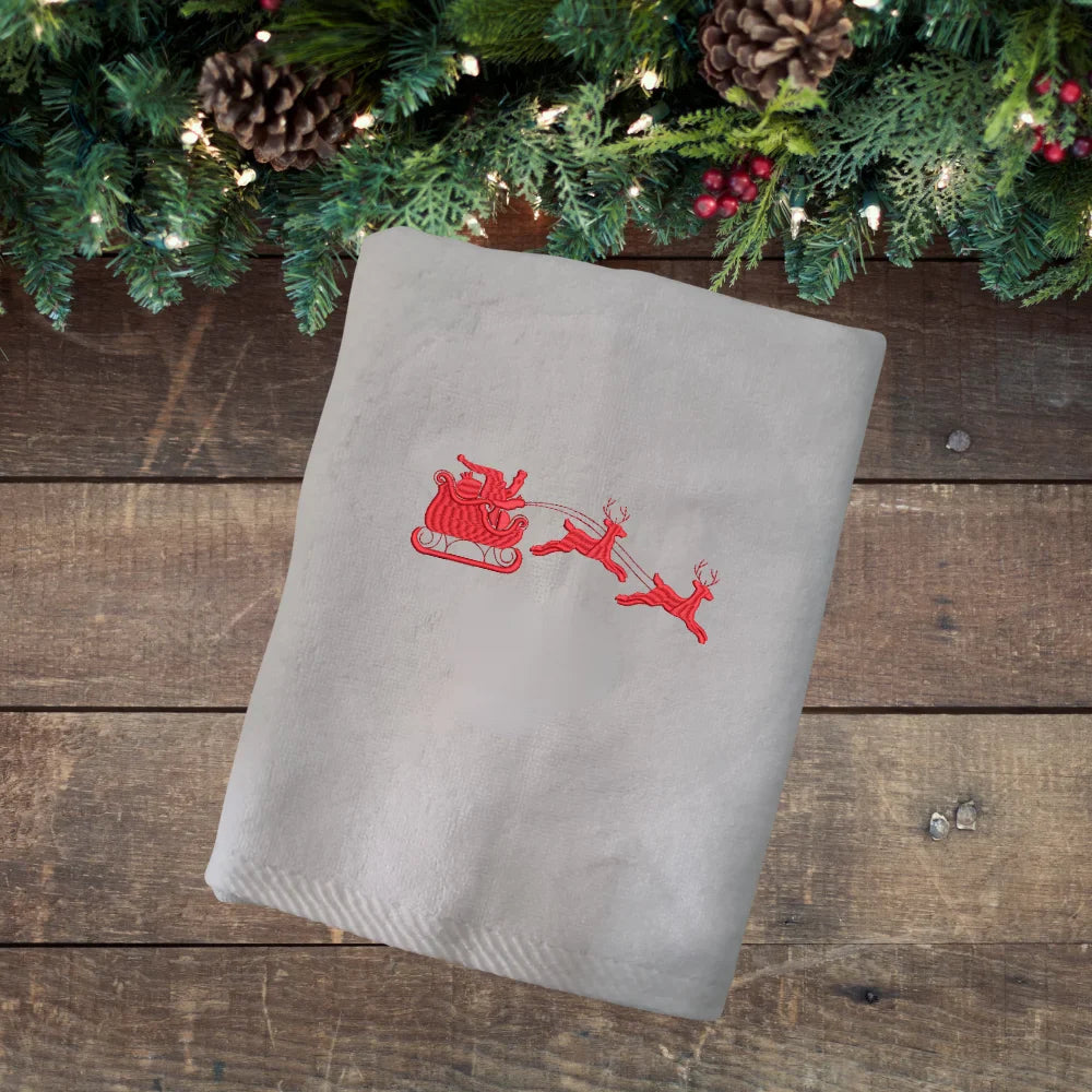 BYFT Embroidered For You Personalised Cotton Towel - Christmas - Sleigh with Reindeer Design High Quality Embroidery Perfect For Gifting