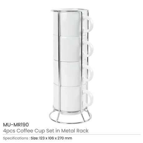BYFT Ceramic Coffee Cups Set 4Pcs in Silver Metal Rack
