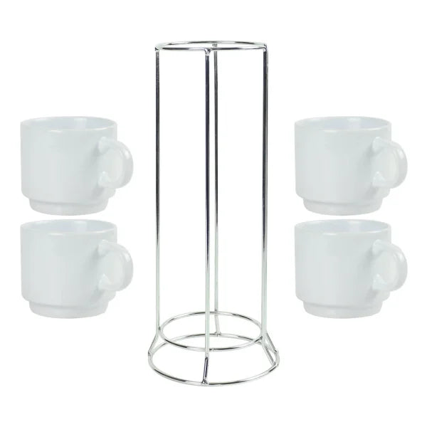 BYFT Ceramic Coffee Cups Set 4Pcs in Silver Metal Rack
