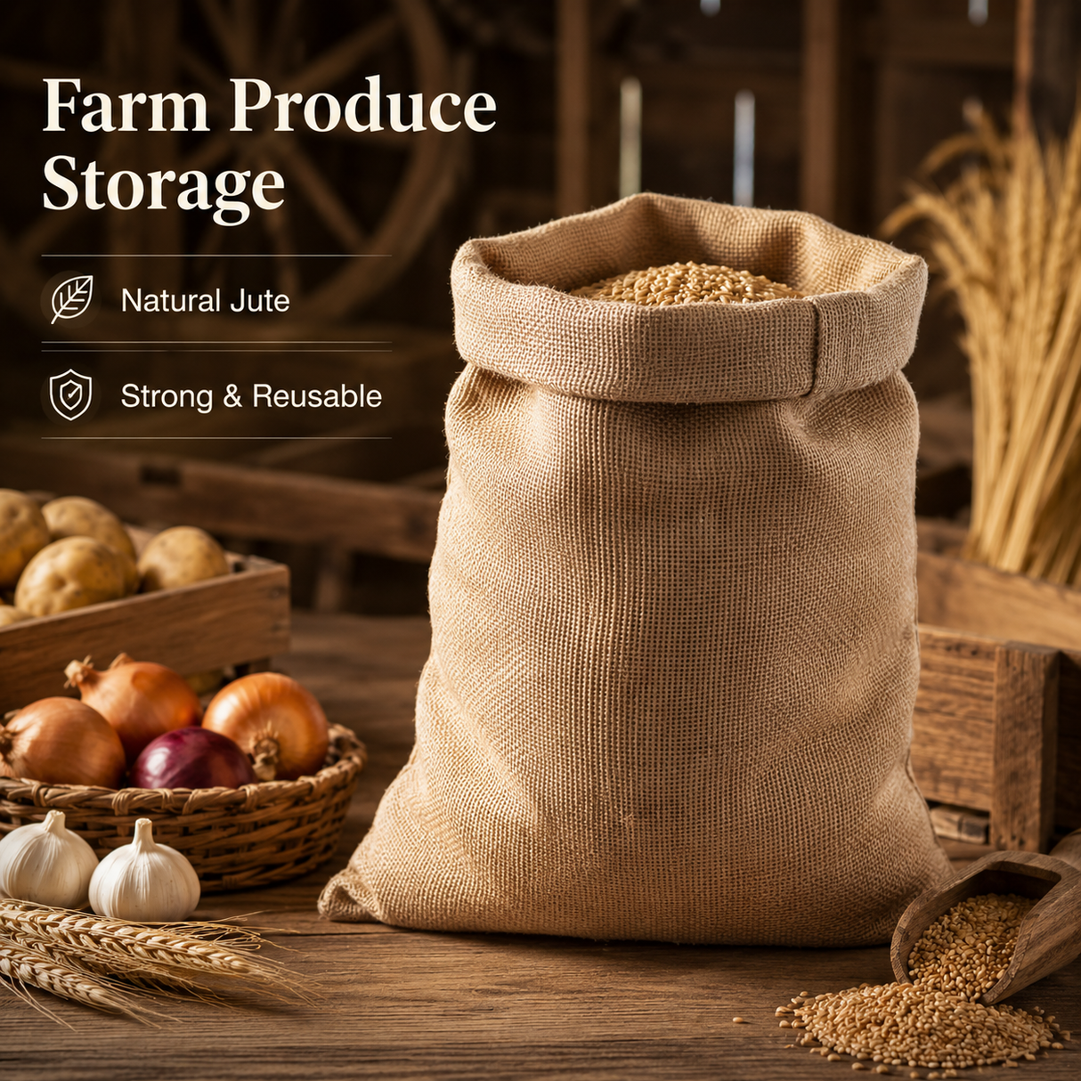 BYFT Natural Jute Burlap Storage Bag Heavy Duty Reusable Utility Sack for Coffee, Potatoes, Onions, Vegetables, Packing & Plant Grow Bags for Grain Storage - 44 x 26.5 Inch