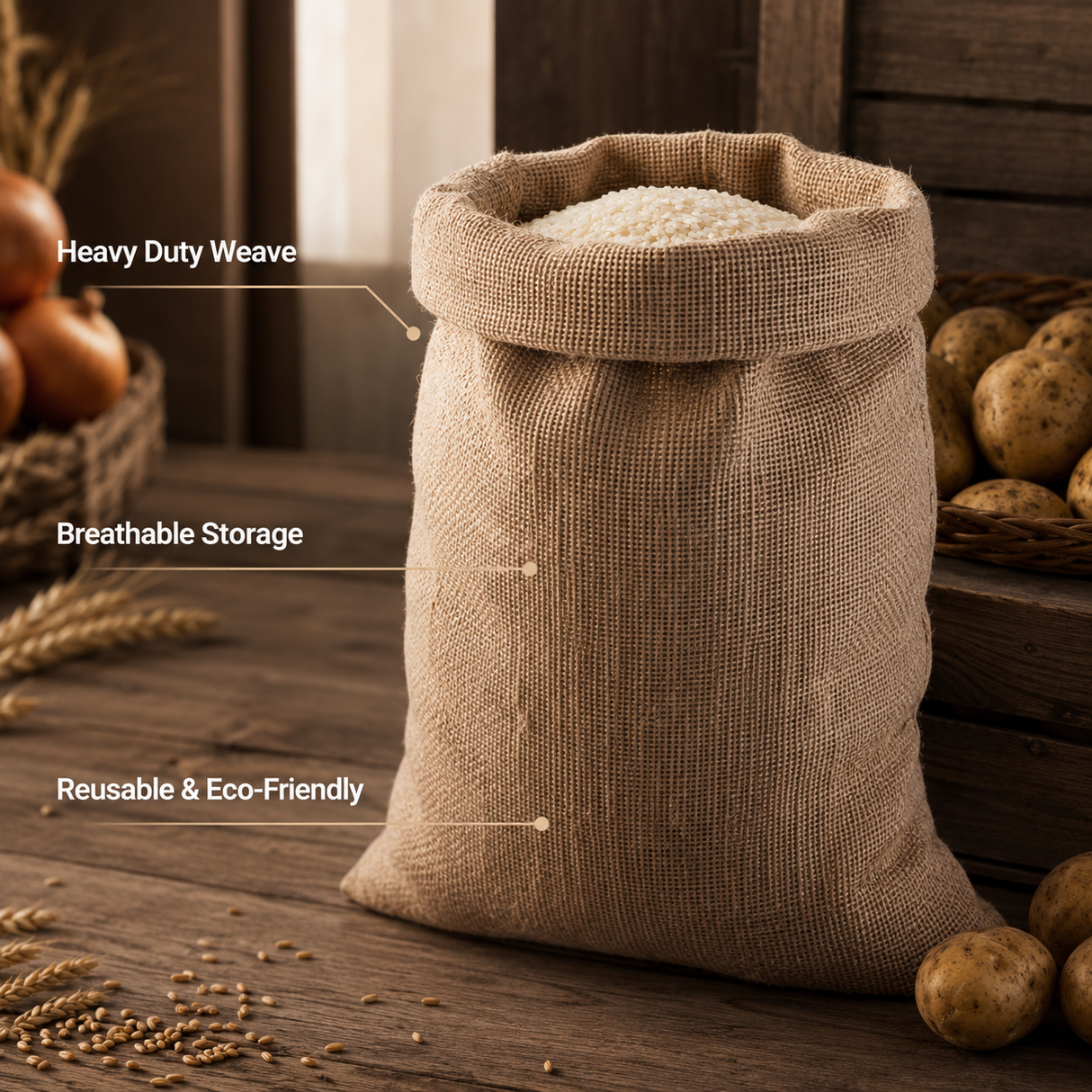 BYFT Natural Jute Burlap Storage Bag Heavy Duty Reusable Utility Sack for Coffee, Potatoes, Onions, Vegetables, Packing & Plant Grow Bags for Grain Storage - 44 x 26.5 Inch