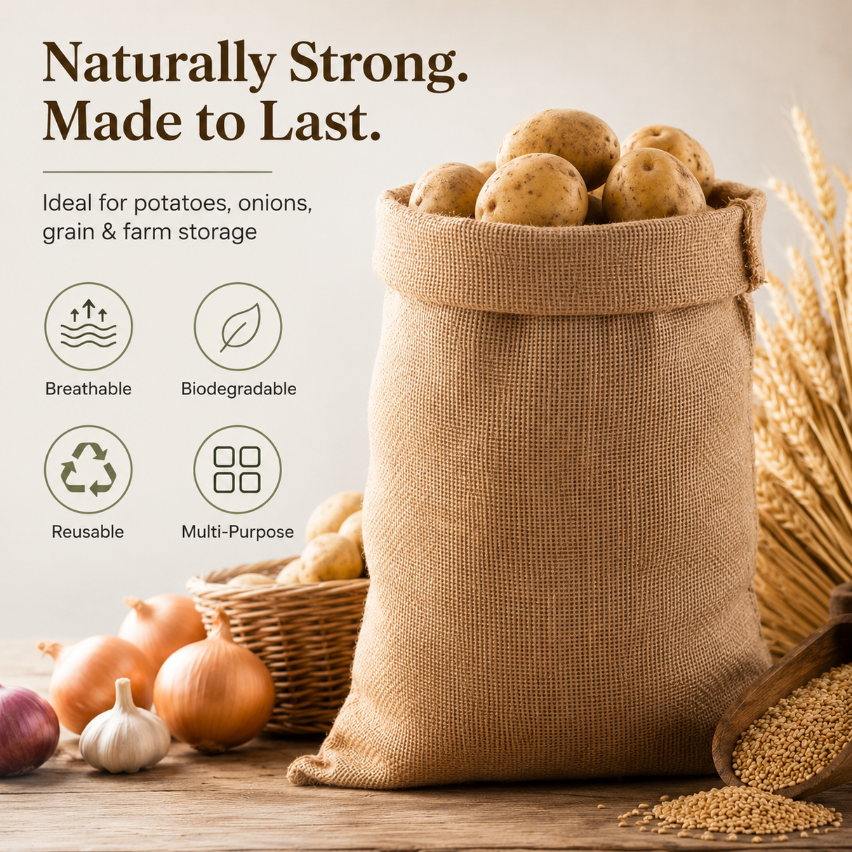 BYFT Natural Jute Burlap Storage Bag Heavy Duty Reusable Utility Sack for Coffee, Potatoes, Onions, Vegetables, Packing & Plant Grow Bags for Grain Storage - 44 x 26.5 Inch