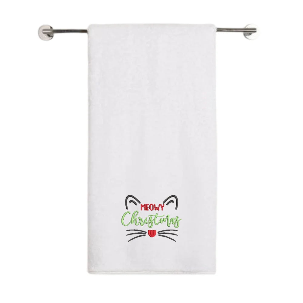 BYFT Embroidered For You Personalised Cotton Towel - Christmas - Meowy Christmas Cat Design High Quality Embroidery Perfect For Gifting