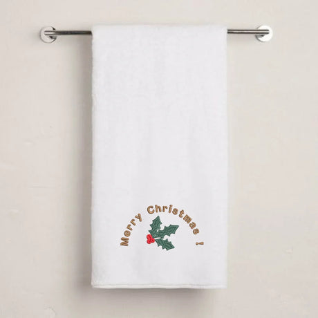 BYFT Embroidered For You Personalised Cotton Towel - Christmas - Merry Christmas Holly Wreath Arc Design High Quality Embroidery Perfect For Gifting