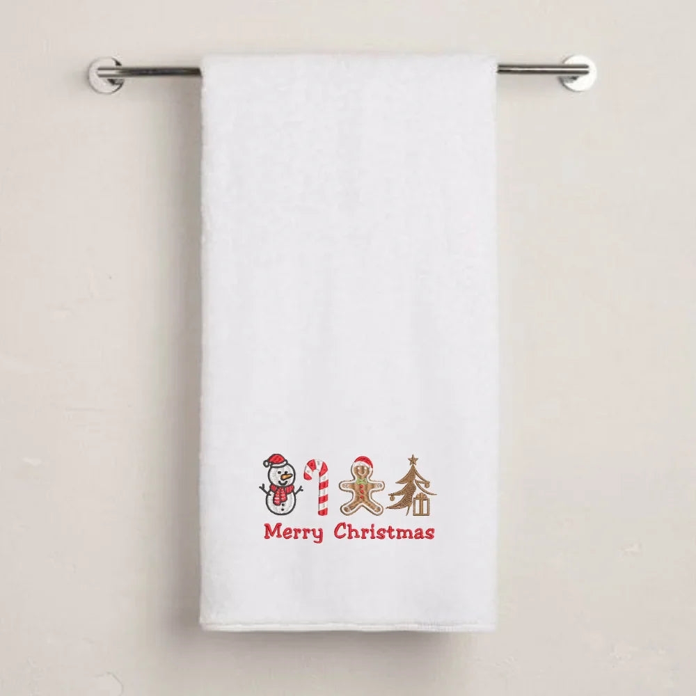 BYFT Embroidered For You Personalised Cotton Towel - Christmas - Merry Christmas Icons (Snowman + Candy Cane + Gingerbread + Tree) Design High Quality Embroidery Perfect For Gifting