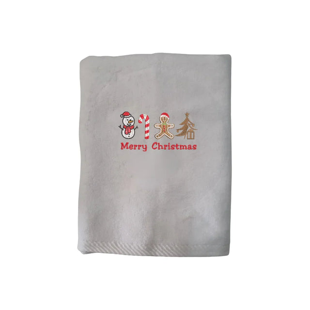 BYFT Embroidered For You Personalised Cotton Towel - Christmas - Merry Christmas Icons (Snowman + Candy Cane + Gingerbread + Tree) Design High Quality Embroidery Perfect For Gifting