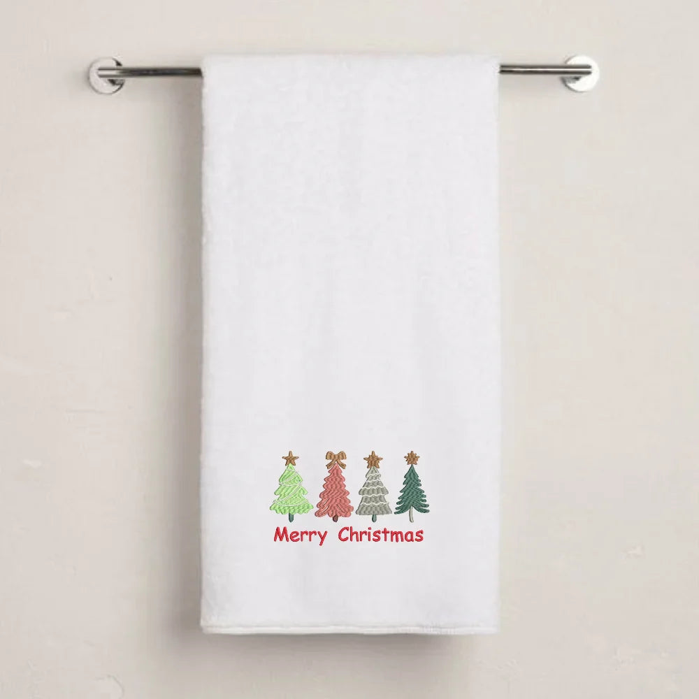 BYFT Embroidered For You Personalised Cotton Towel - Christmas - Merry Christmas Trees - 4 Styles- Design High Quality Embroidery Perfect For Gifting