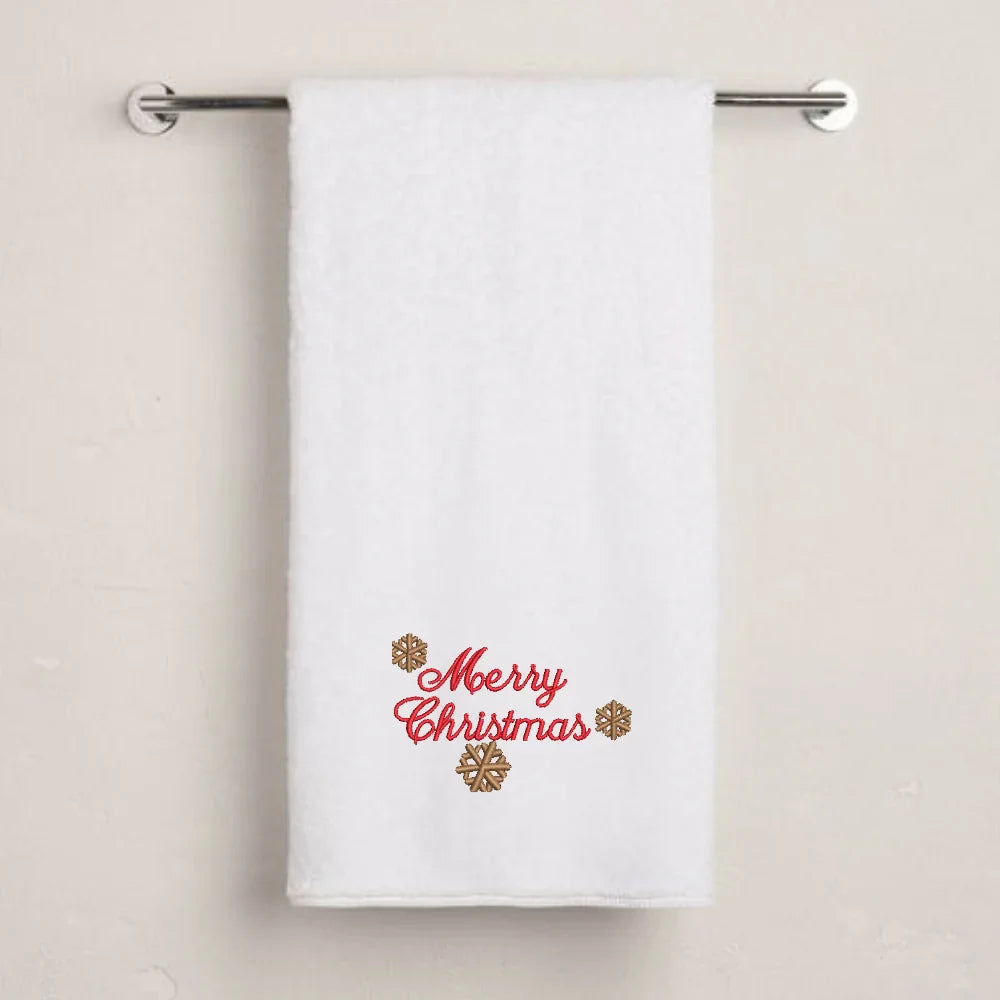 BYFT Embroidered For You Personalised Cotton Towel - Christmas - Merry Christmas with Snowflakes Design High Quality Embroidery Perfect For Gifting