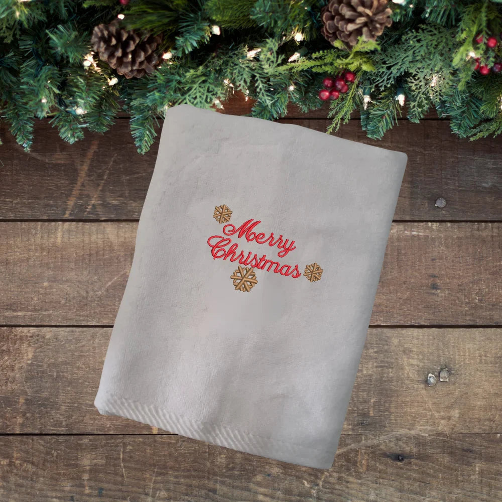 BYFT Embroidered For You Personalised Cotton Towel - Christmas - Merry Christmas with Snowflakes Design High Quality Embroidery Perfect For Gifting