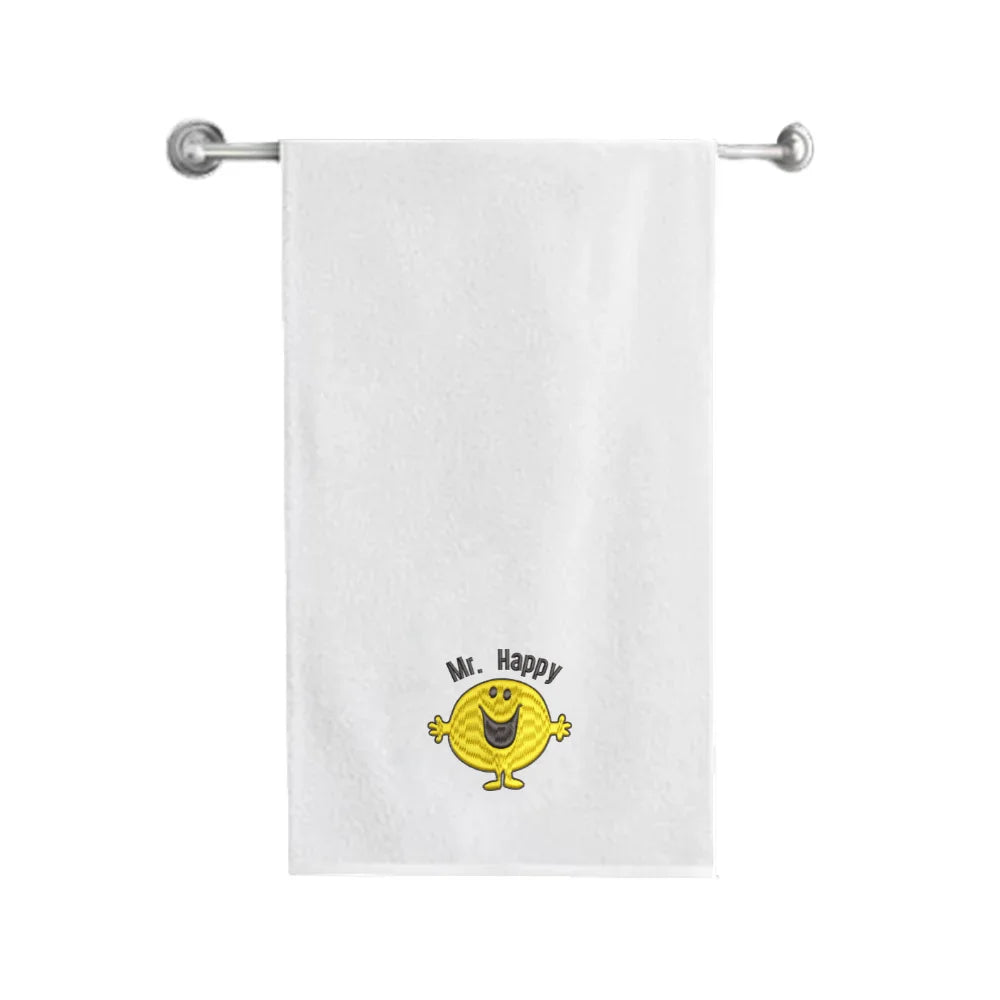 BYFT Embroidered For You Personalised Cotton Towel - Mr. Happy Design High Quality Embroidery Perfect For Gifting