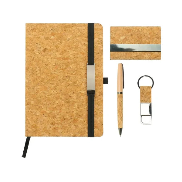 BYFT Office Gift Sets with Notebook, Pen, Card Holder, Keychain - Cork Set of 01