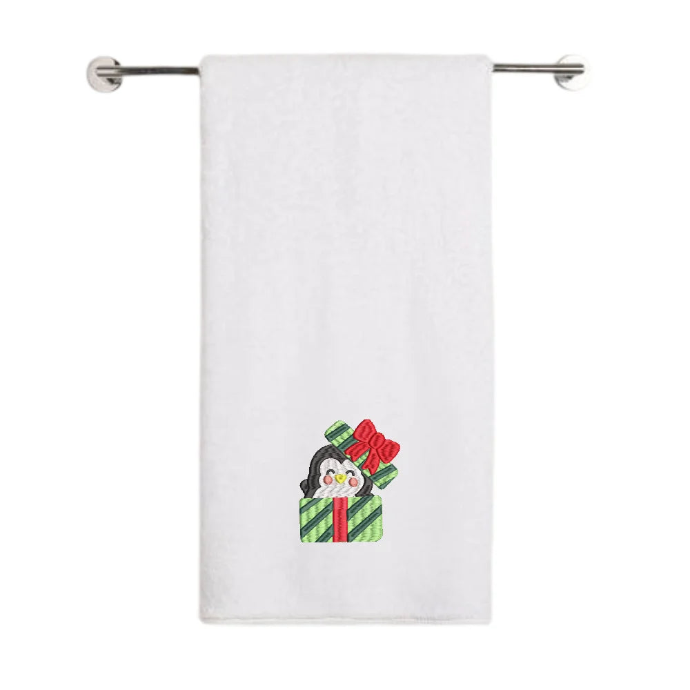 BYFT Embroidered For You Personalised Cotton Towel - Christmas - Penguin Gift Box Design High Quality Embroidery Perfect For Gifting