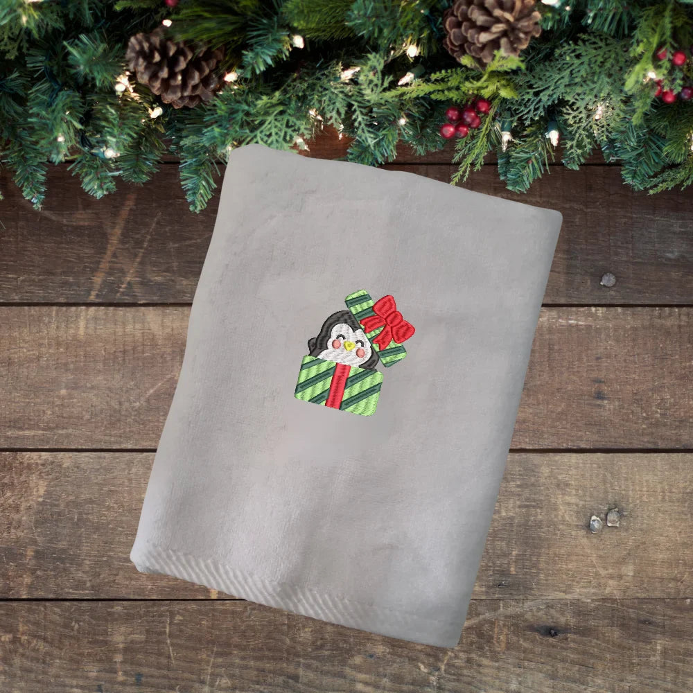 BYFT Embroidered For You Personalised Cotton Towel - Christmas - Penguin Gift Box Design High Quality Embroidery Perfect For Gifting