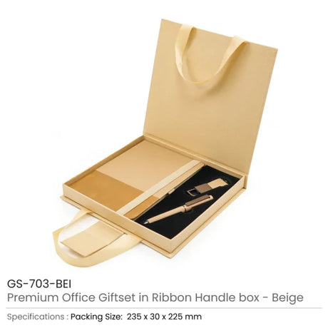 BYFT Premium Office Giftset with Ribbon Handle Box Elegant 3-in-1 Gift Set with Notebook, Metal Pen & Keychain - Beige Set of 01
