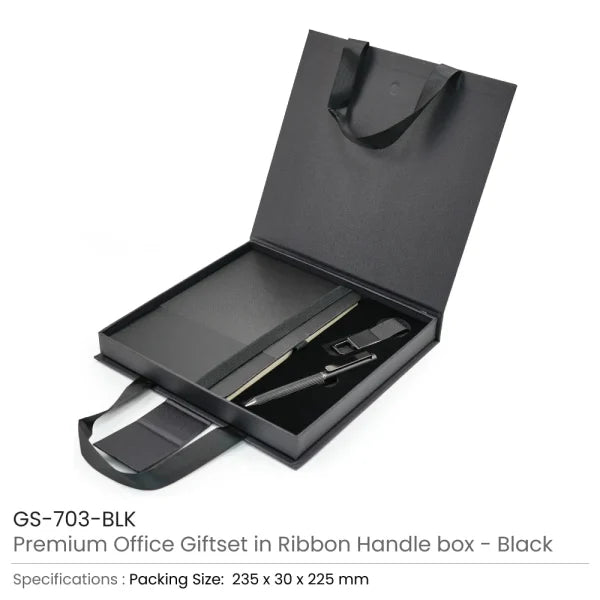 BYFT Premium Office Giftset with Ribbon Handle Box Elegant 3-in-1 Gift Set with Notebook, Metal Pen & Keychain - Beige Set of 01